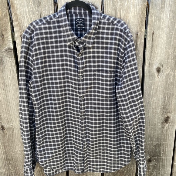 Men's Lucky Brand Black Plaid Flannel XL Button Pockets Logo Classic Slim Fit - Picture 1 of 11